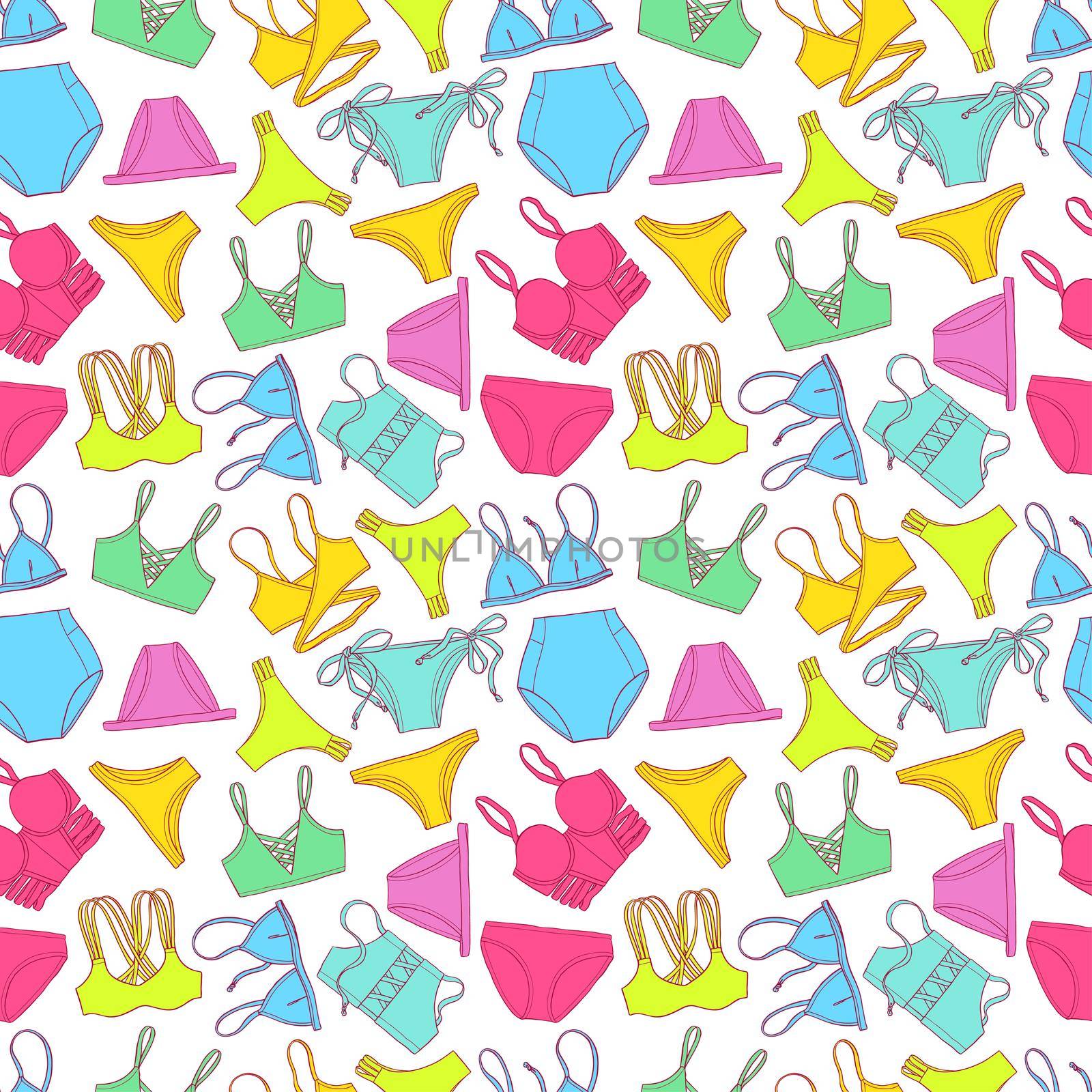 beautiful seamless pattern of colorful swimsuits. hand-drawn illustration