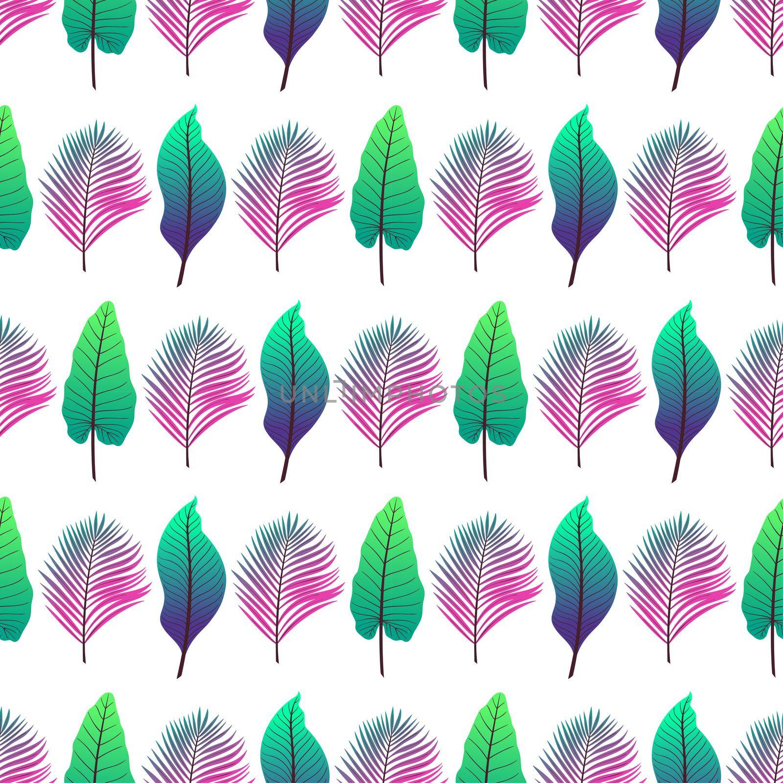 seamless background of different colorful tropical leaves on white background