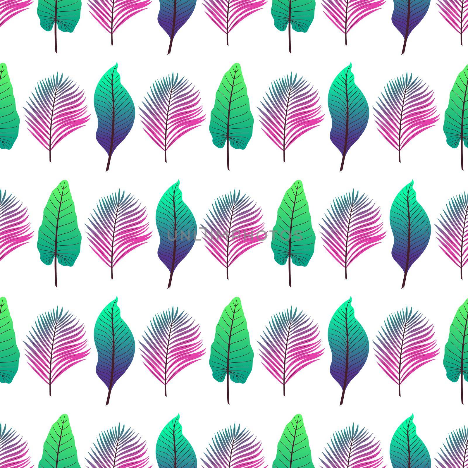 seamless background of different colorful tropical leaves on white background