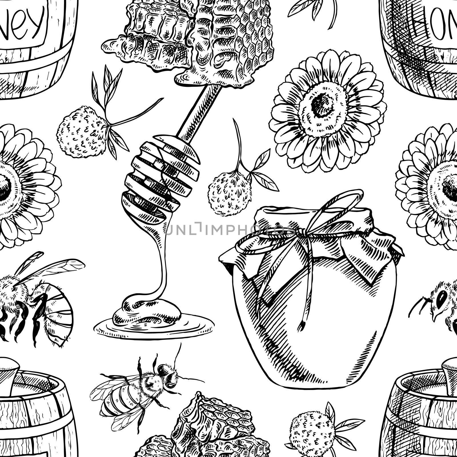 seamless background of honey jars, bees, flowers. hand-drawn illustration