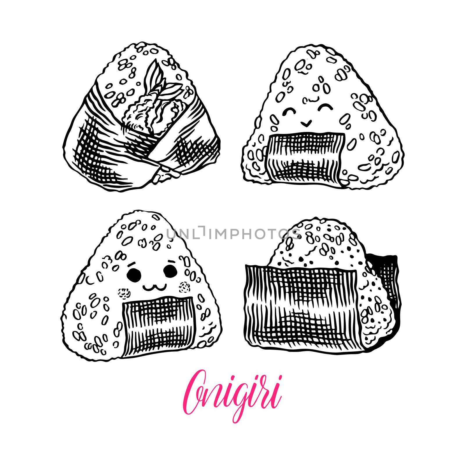 Asian food. Cute set of different sketch onigiri. Hand-drawn illustration