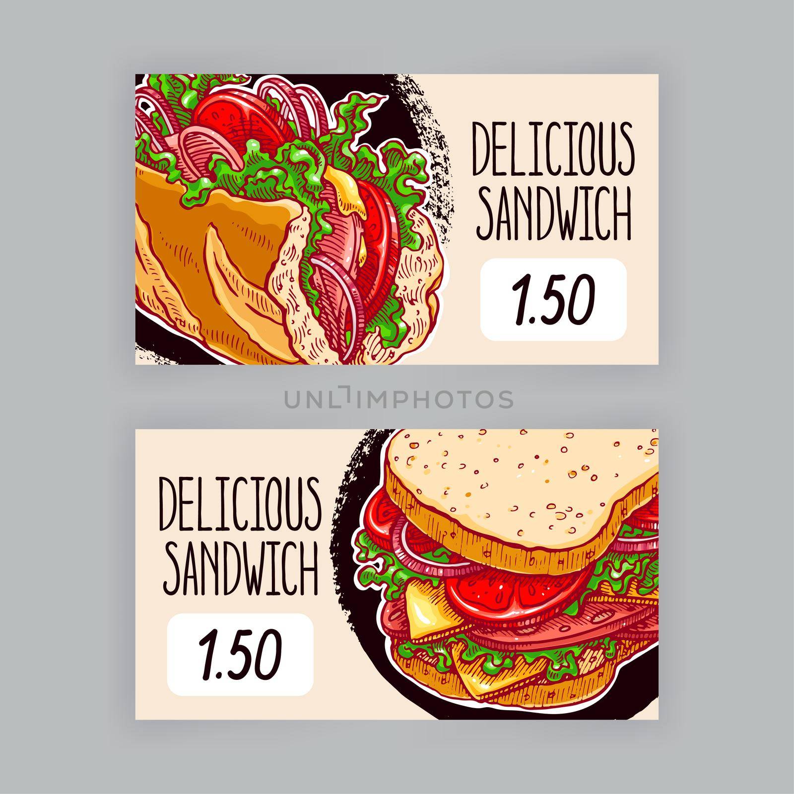 Two cute banners with appetizing sandwiches. price tags. hand-drawn illustration