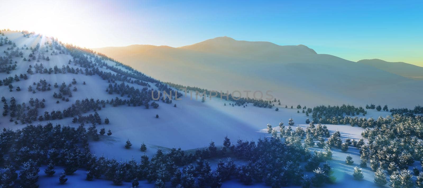 above winter forest mountain sunset 3D rendering illustration