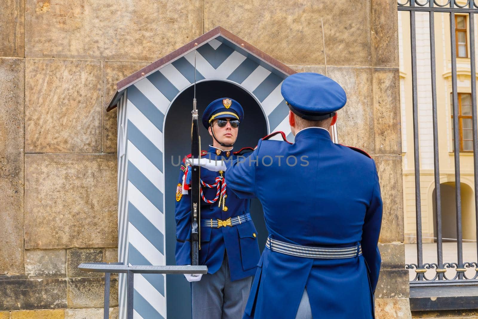 Changing of the guard at the post of honor in the Czech Republic. Suitable for men in military uniform. Prague, Czech Republic April 14, 2018