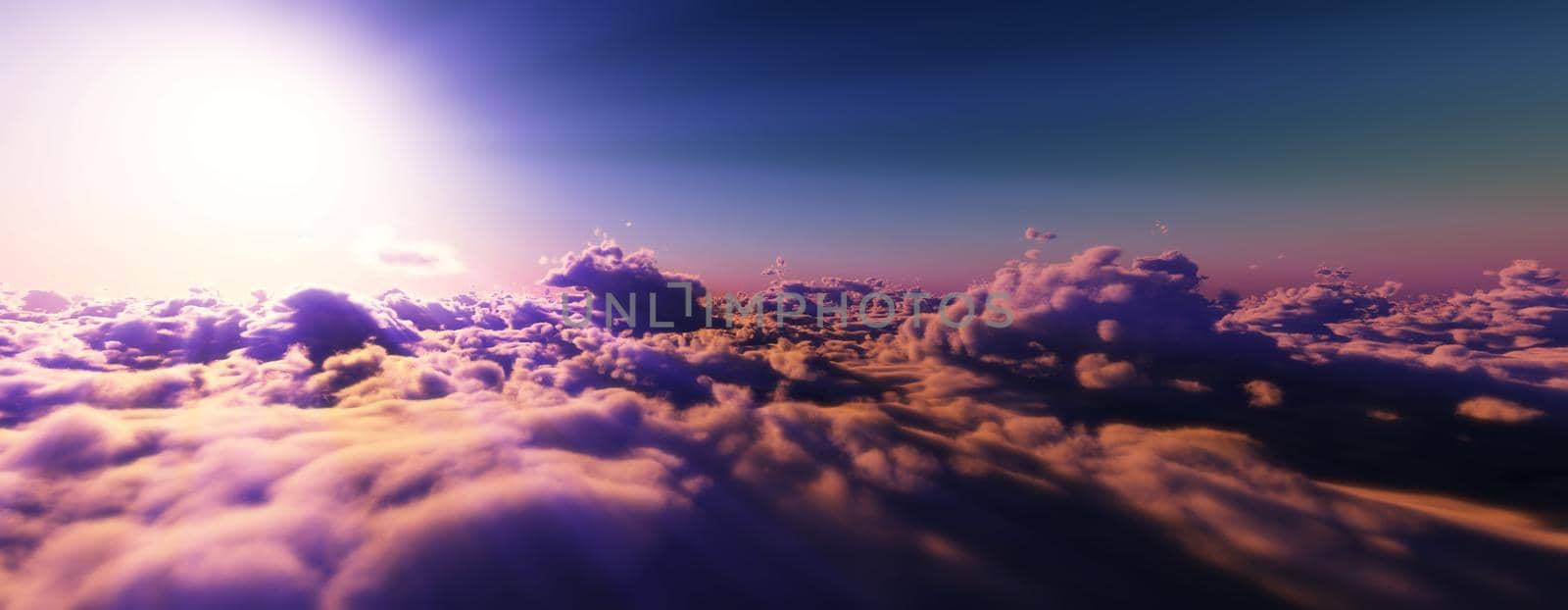 above clouds fly sunset sun ray illustration, 3d render