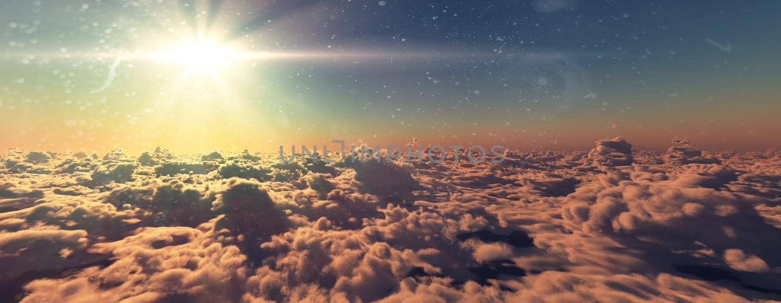 above clouds fly sunset sun ray illustration, 3d render