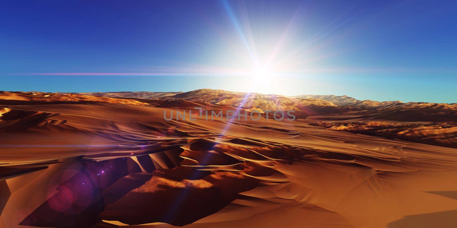 Dunes sunset over the desert. 3d rendering illustration