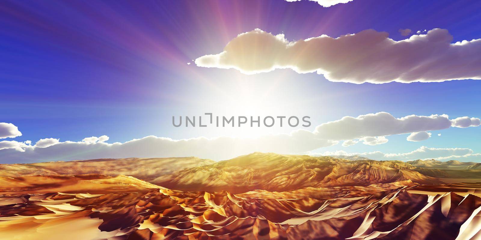 Dunes sunset over the desert. 3d rendering by alex_nako
