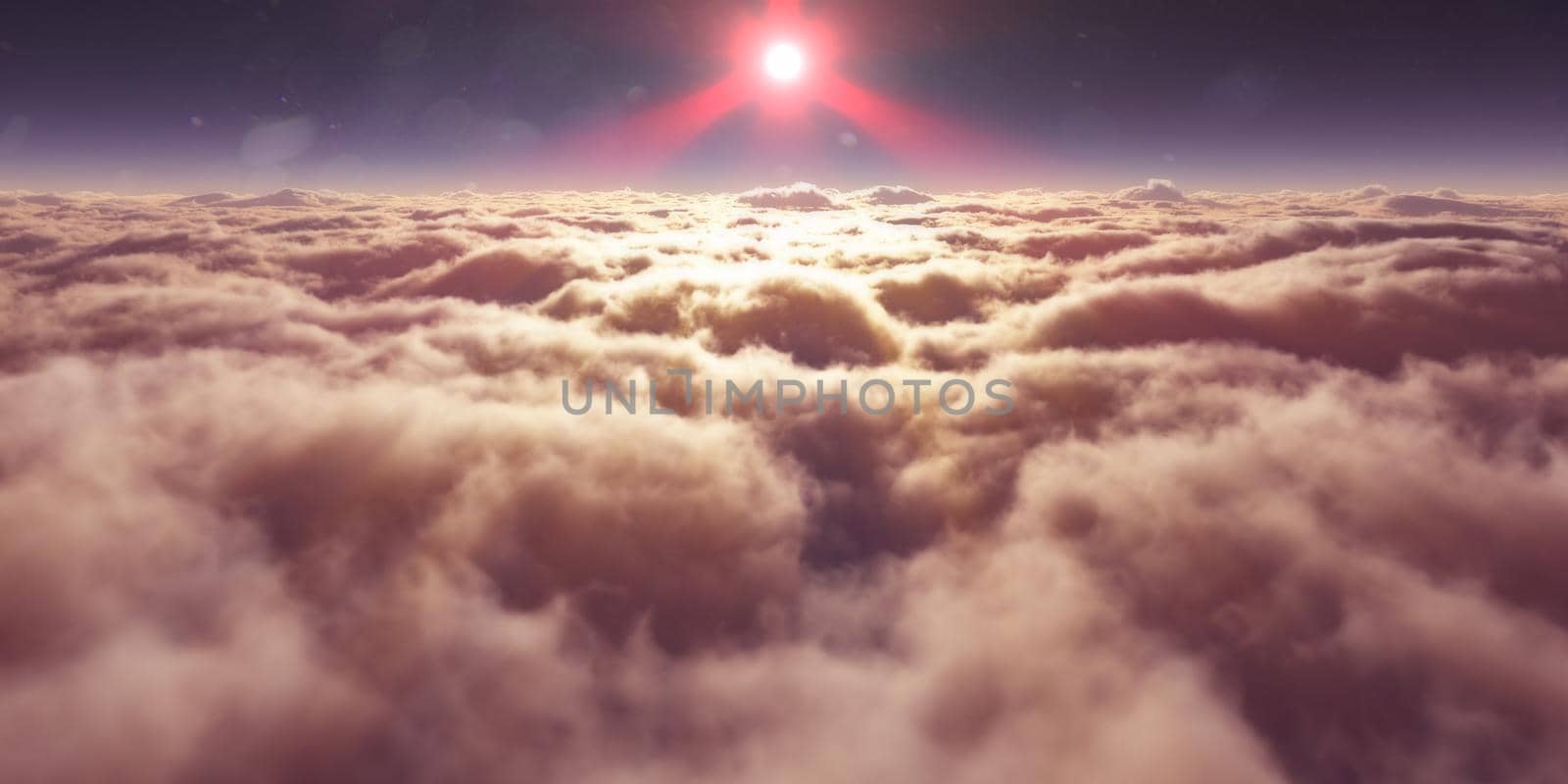 dream fly above clouds ray light, 3d rendering illustration