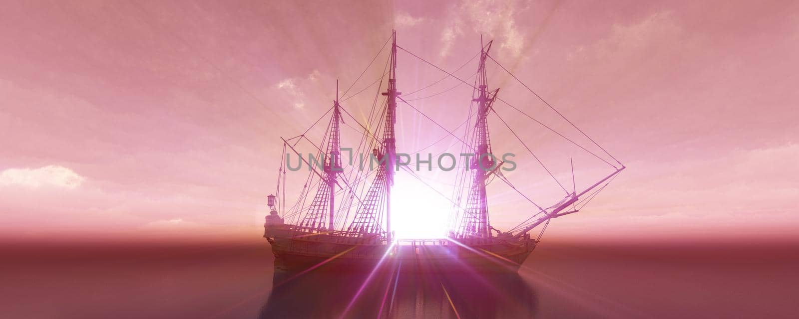 old ship sunset at sea 3d rendering by alex_nako