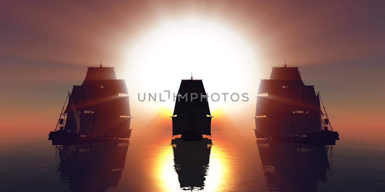 old three ships sunset at sea, 3d rendering illustration