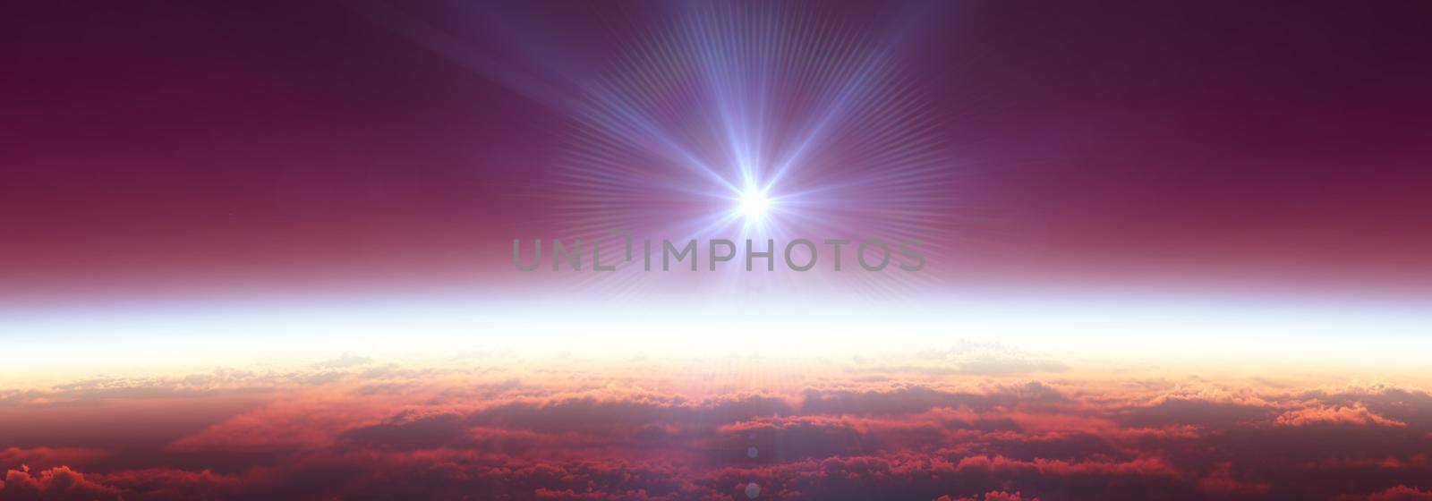 Earth sunrise from space over cloudy ocean. 3d rendering by alex_nako