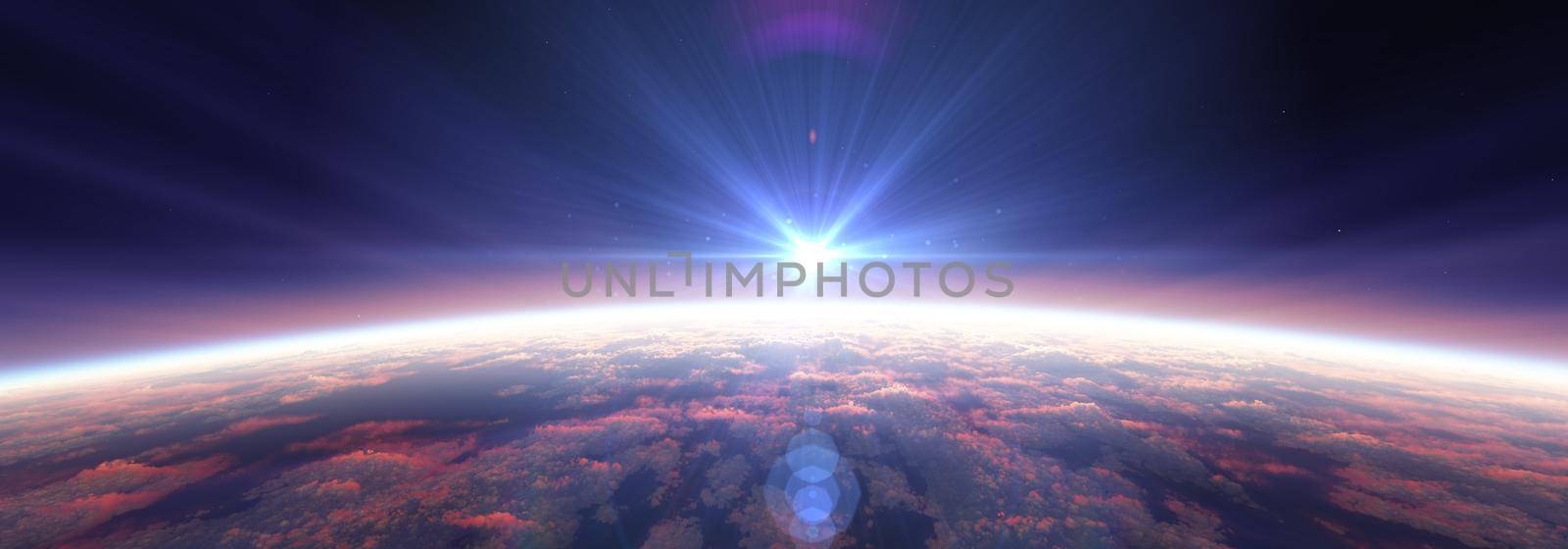 Earth sunrise from space over cloudy ocean. 3d rendering by alex_nako