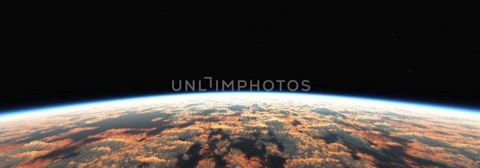 Earth sunrise from space over cloudy ocean. 3d rendering by alex_nako