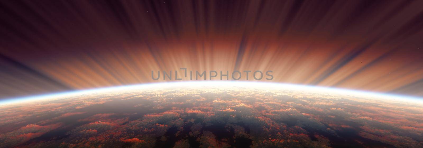 sunrise from space aurora, 3d rendering illustration