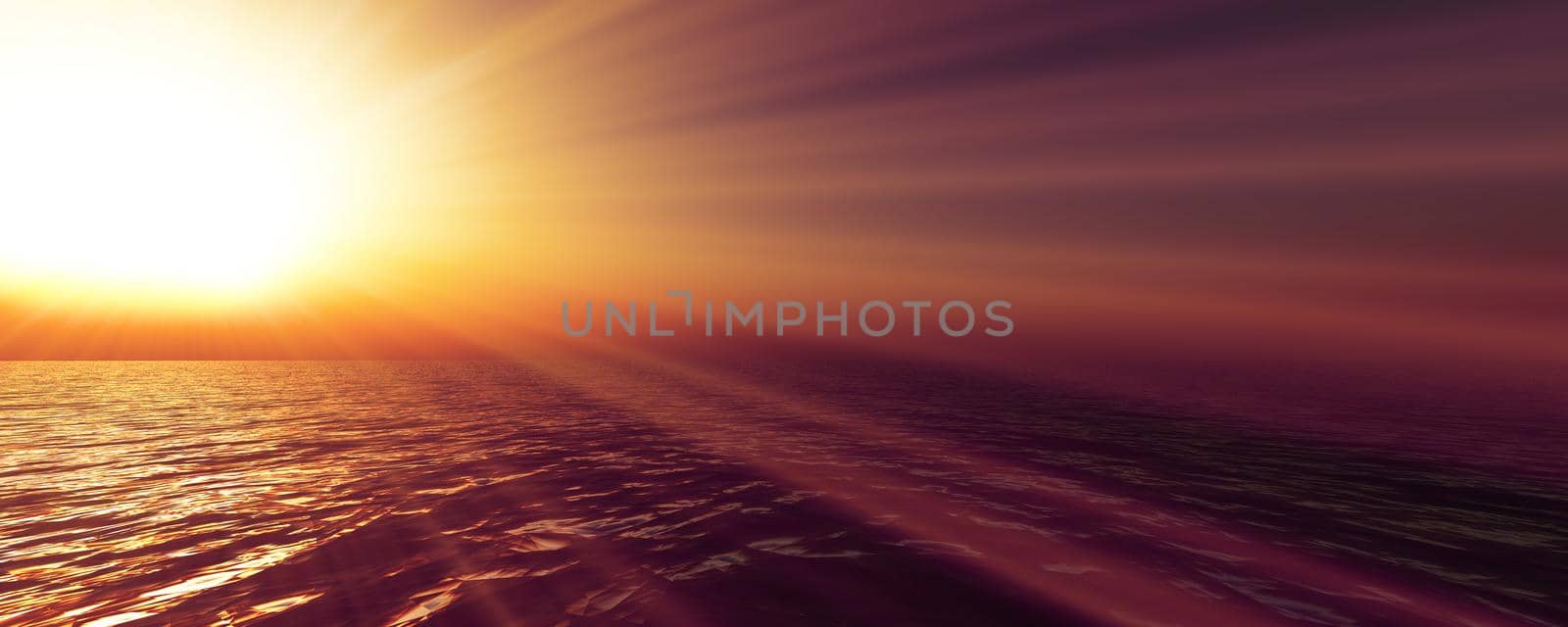 sunset sea sun ray clear sky, 3d rendering illustration