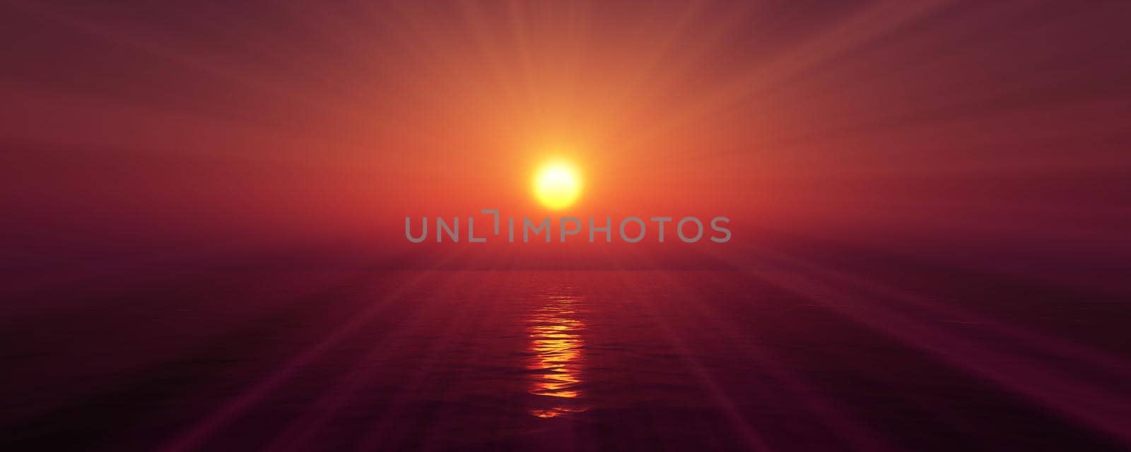 sunset sea sun ray clear sky. 3d rendering by alex_nako