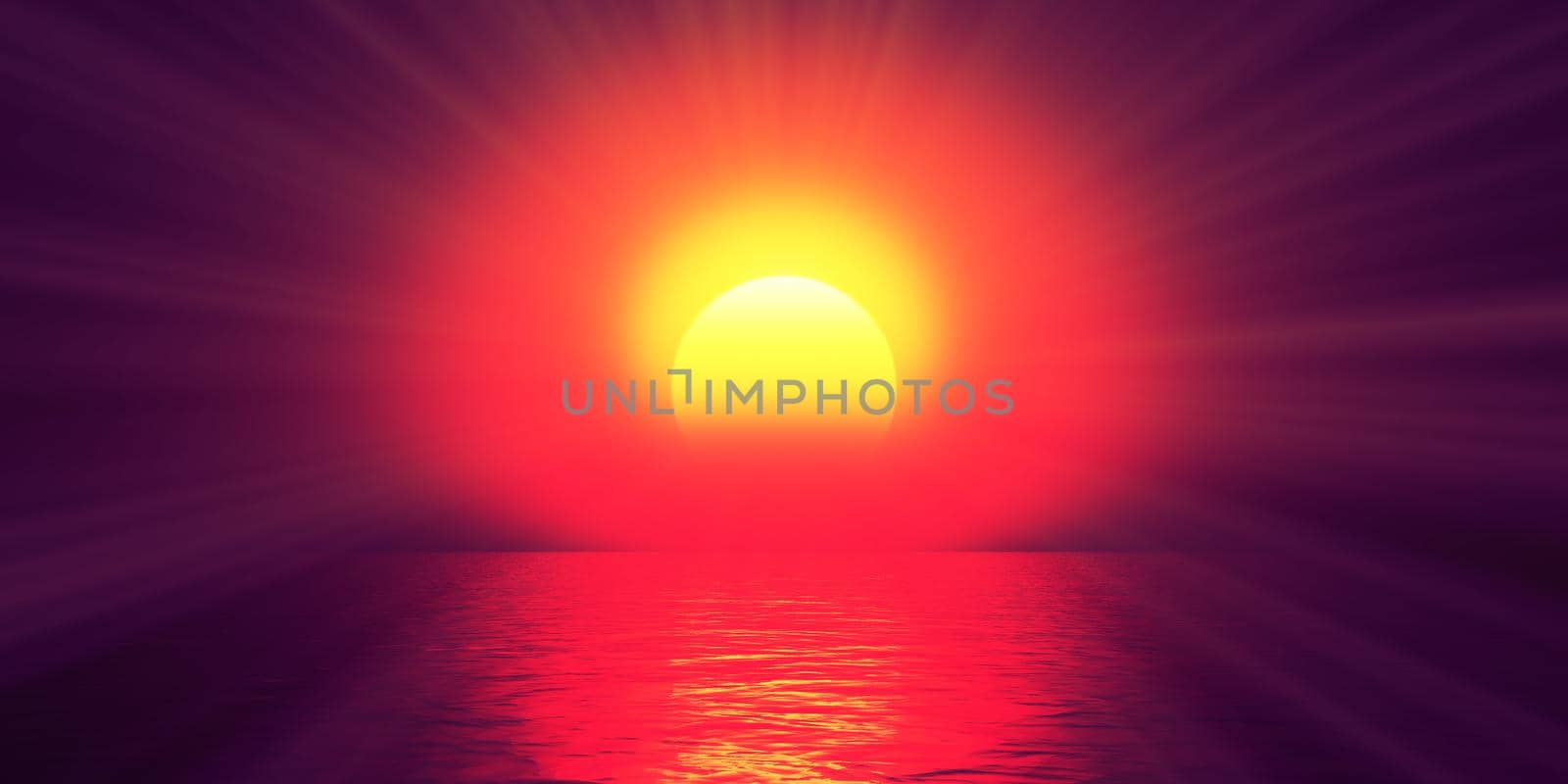 sunset sea sun ray clear sky, 3d rendering illustration