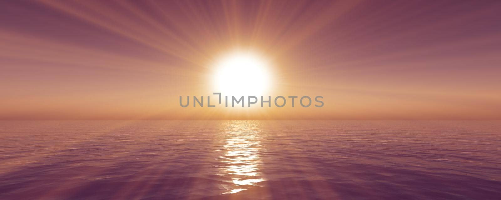 sunset sea sun ray clear sky. 3d rendering by alex_nako