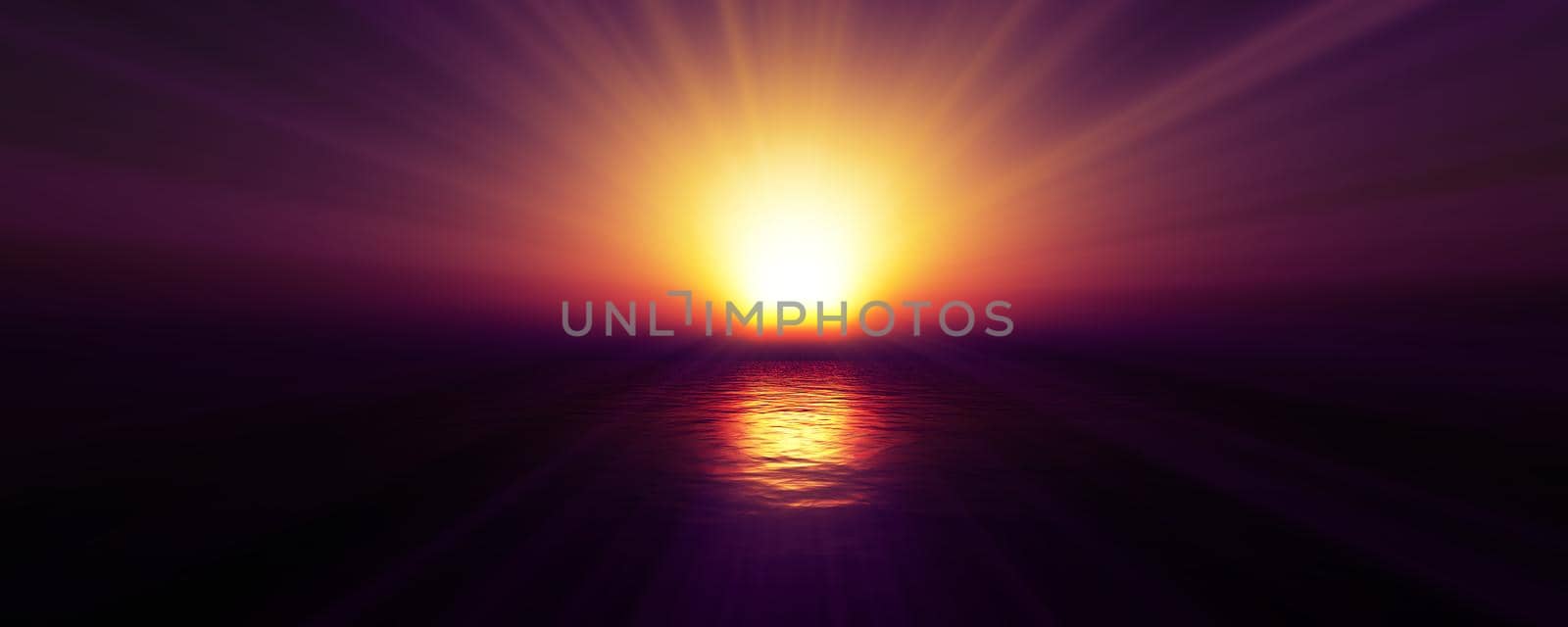 sunset sea sun ray clear sky, 3d rendering illustration