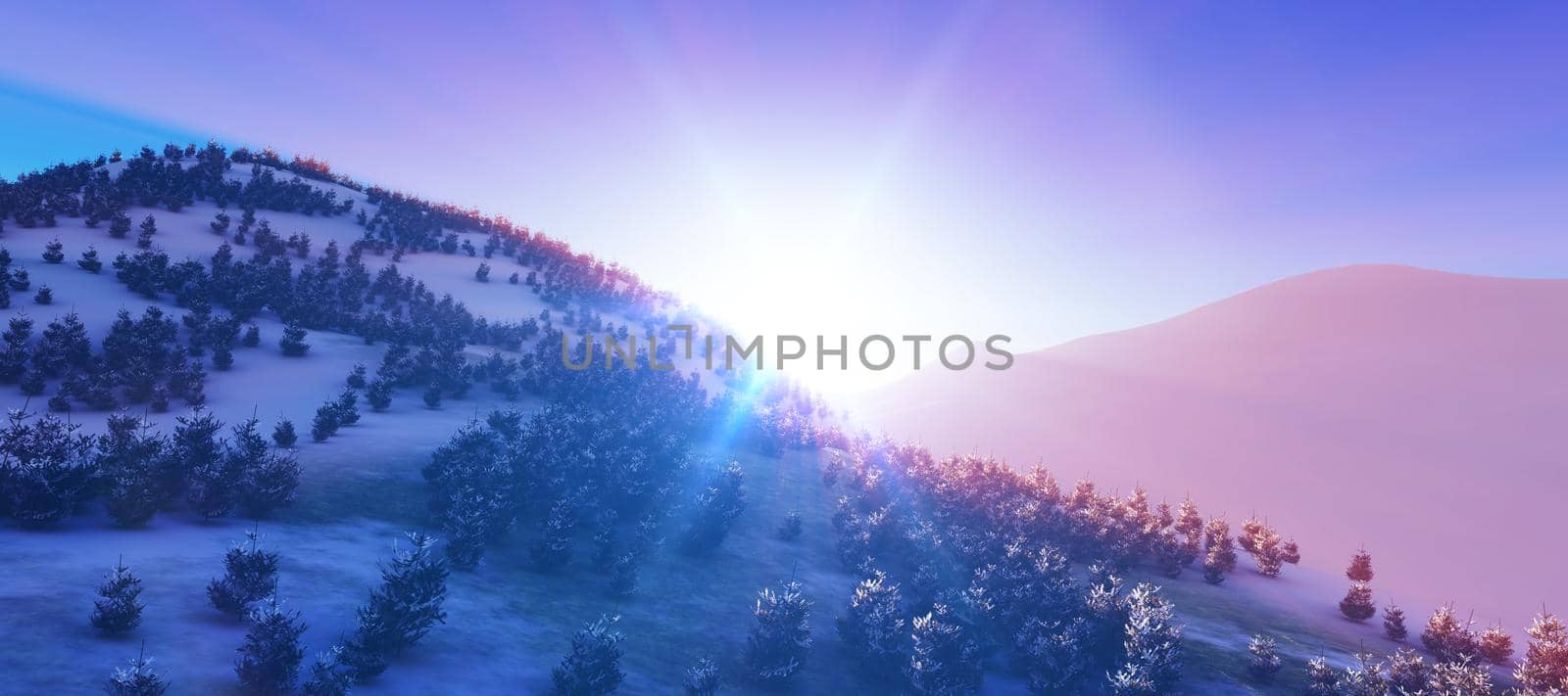 above winter forest mountain sunset 3D rendering illustration