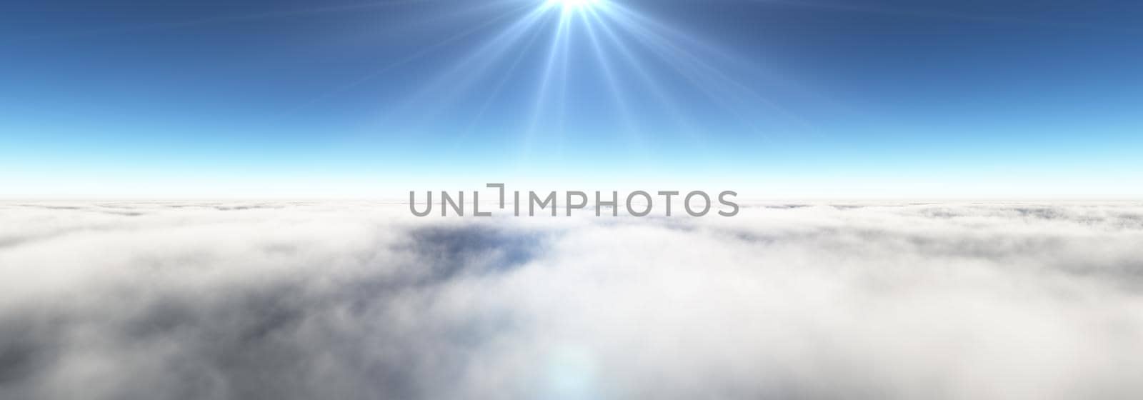 Above clouds sun ray, 3d rendering illustration