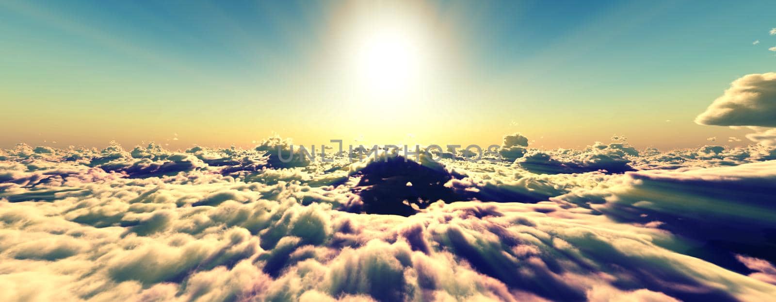 above clouds fly sunset sun ray illustration, 3d render