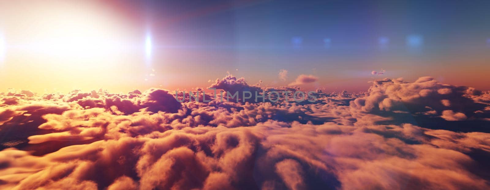 above clouds fly sunset sun ray illustration, 3d render