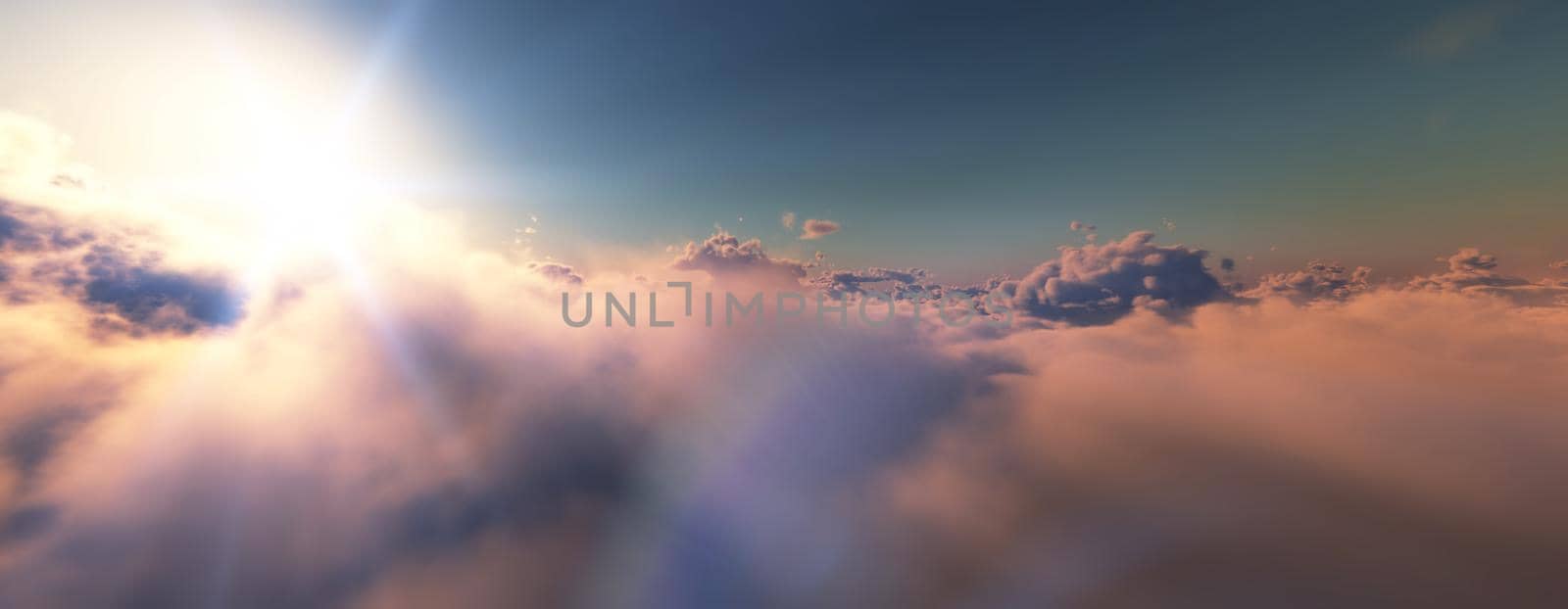 above clouds fly sunset sun ray illustration, 3d render