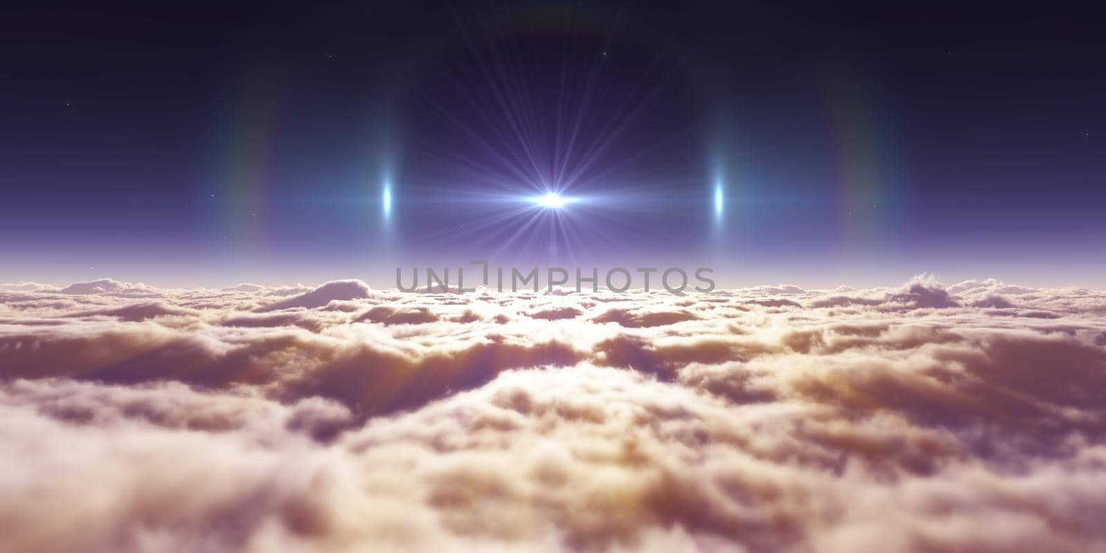 dream fly above clouds ray light, 3d rendering illustration