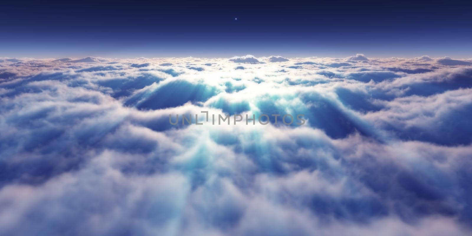 dream fly above clouds ray light, 3d rendering illustration