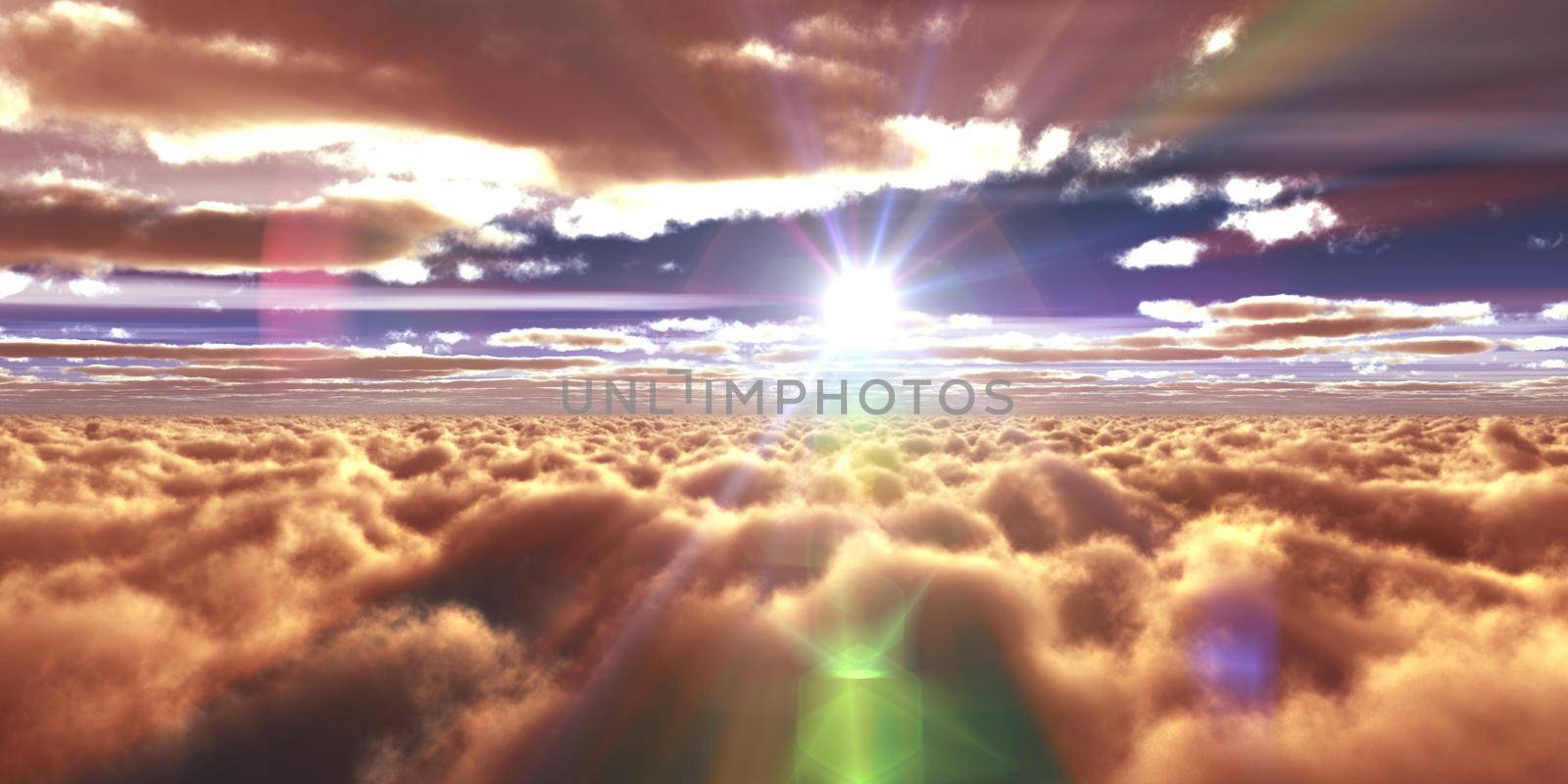 above clouds fly sunset sun ray illustration, 3d render