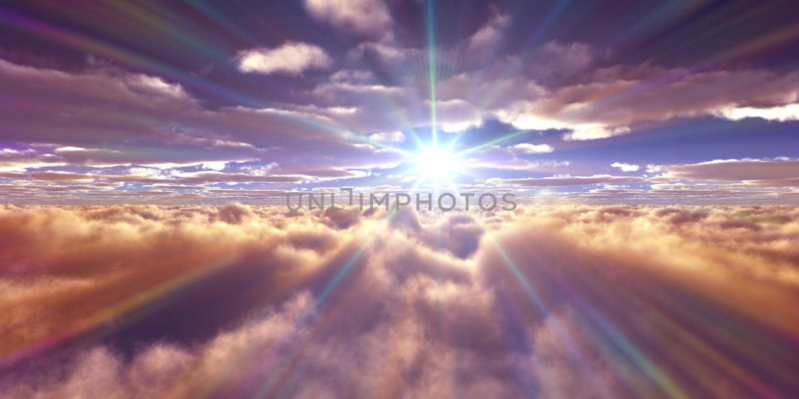 above clouds fly sunset sun ray illustration, 3d render