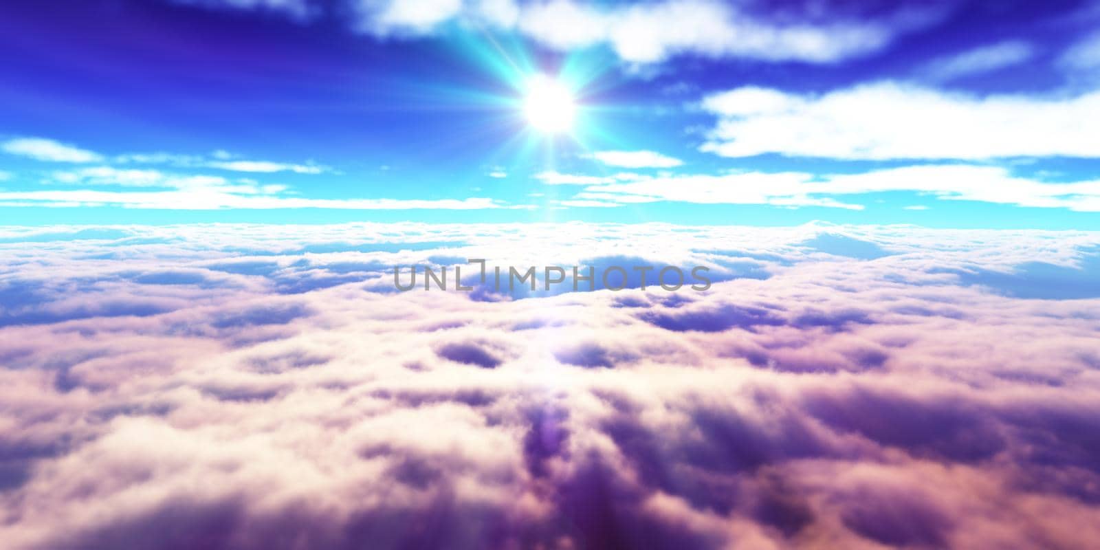 above clouds fly sunset sun ray illustration, 3d render