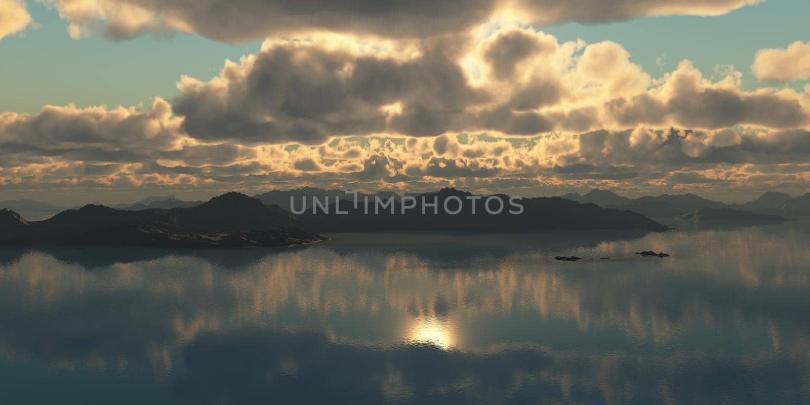 above islands in sea sunset, illustration 3d rendering