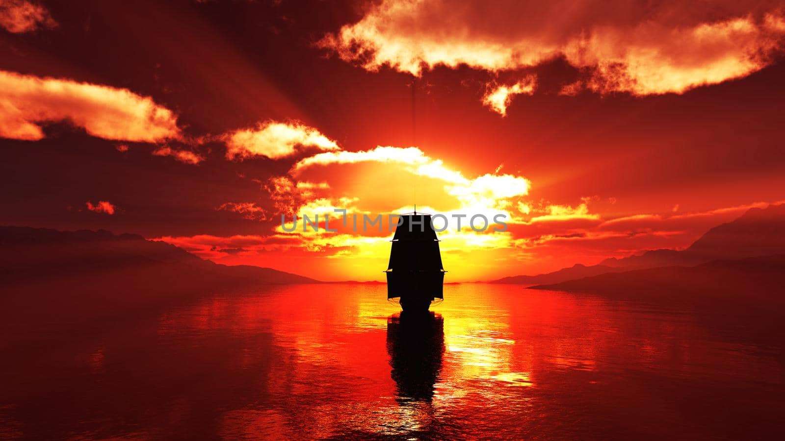 old ship at sea sunset, 3d render illustration