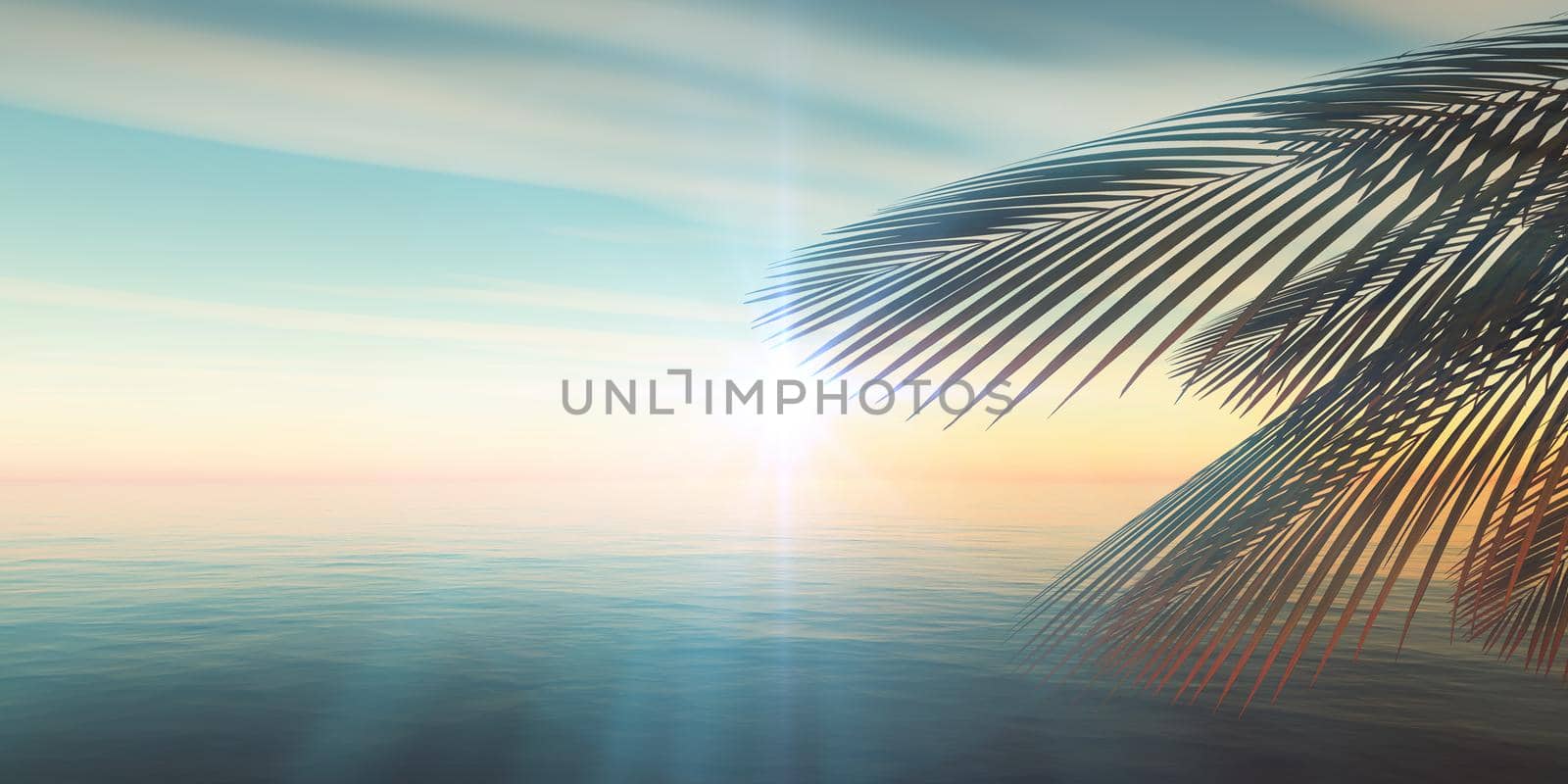 sunset sea palm landscape illustration, 3d render