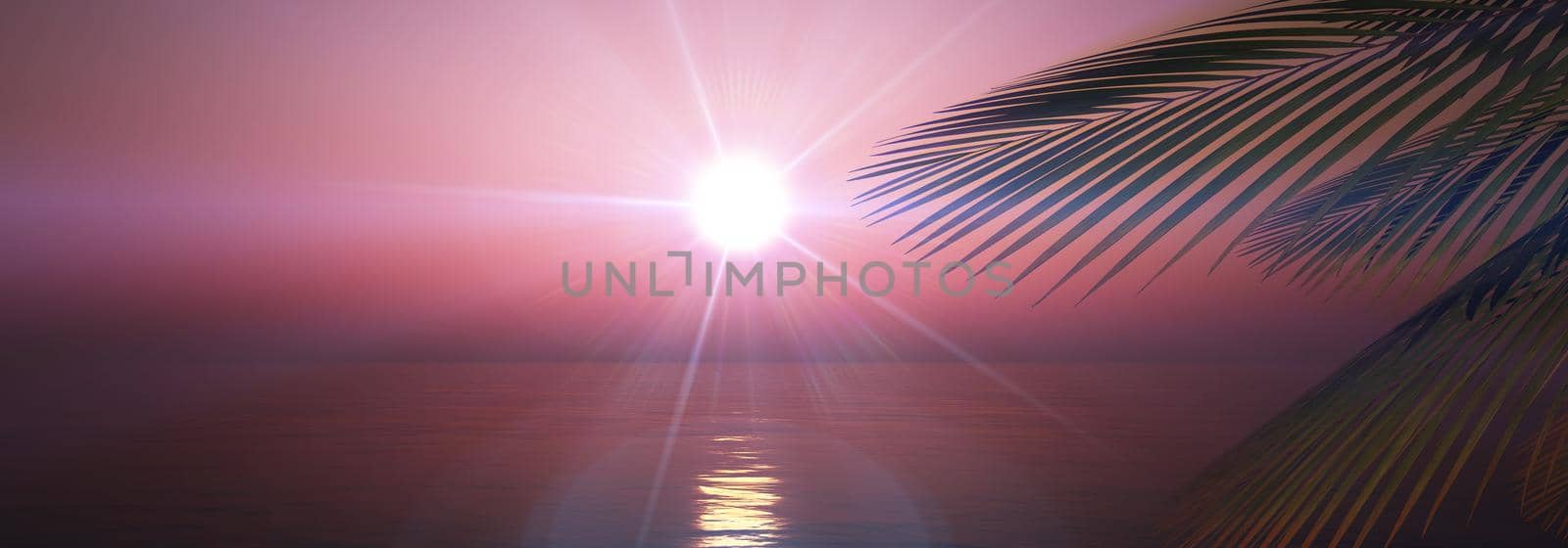 sunset sea palm landscape illustration, 3d render