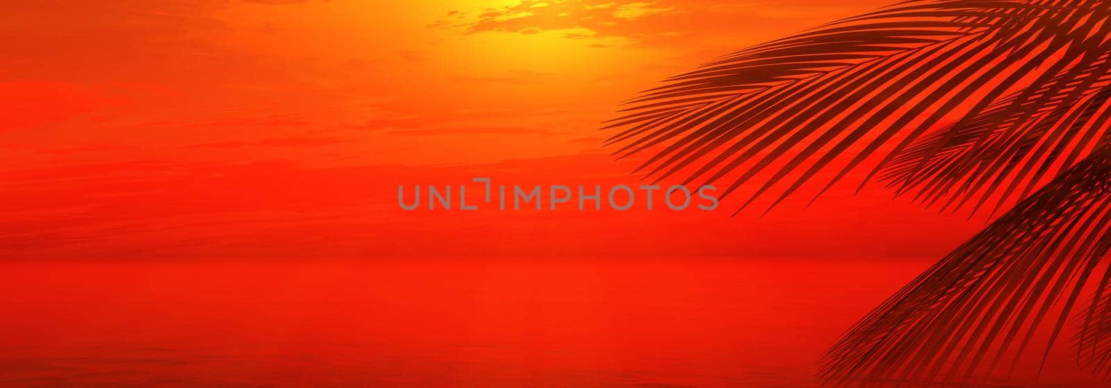 sunset sea palm landscape illustration, 3d render