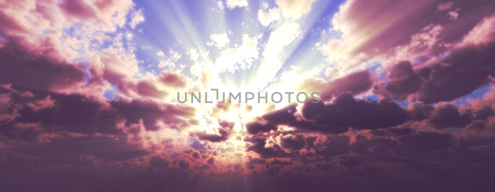 Sunset / sunrise with clouds, light rays and other atmospheric effect, 3d illustration by alex_nako