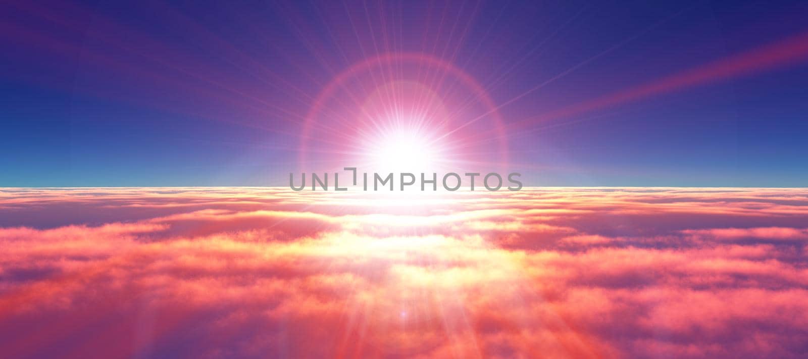 above clouds fly sunset sun ray illustration, 3d render