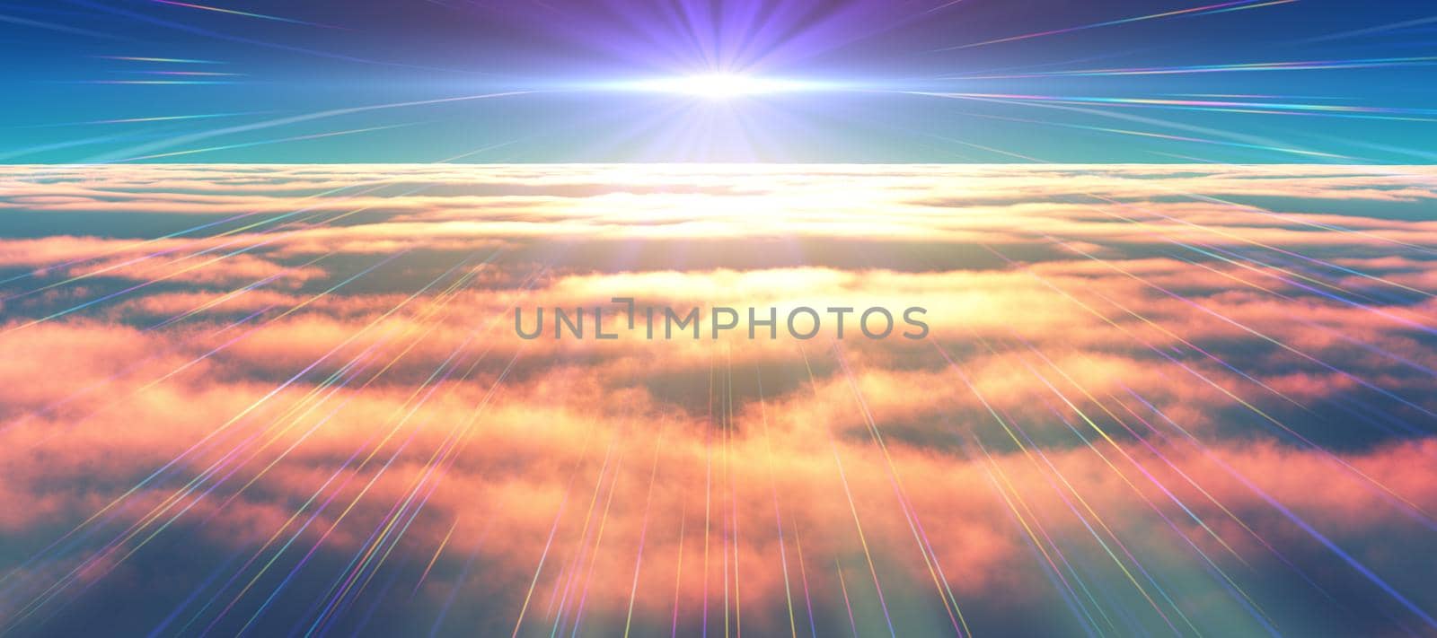 above clouds fly sunset sun ray illustration, 3d render