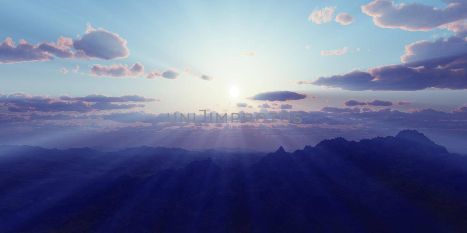 Mountain panorama over the clouds sunset. Computer generated 3D illustration by alex_nako
