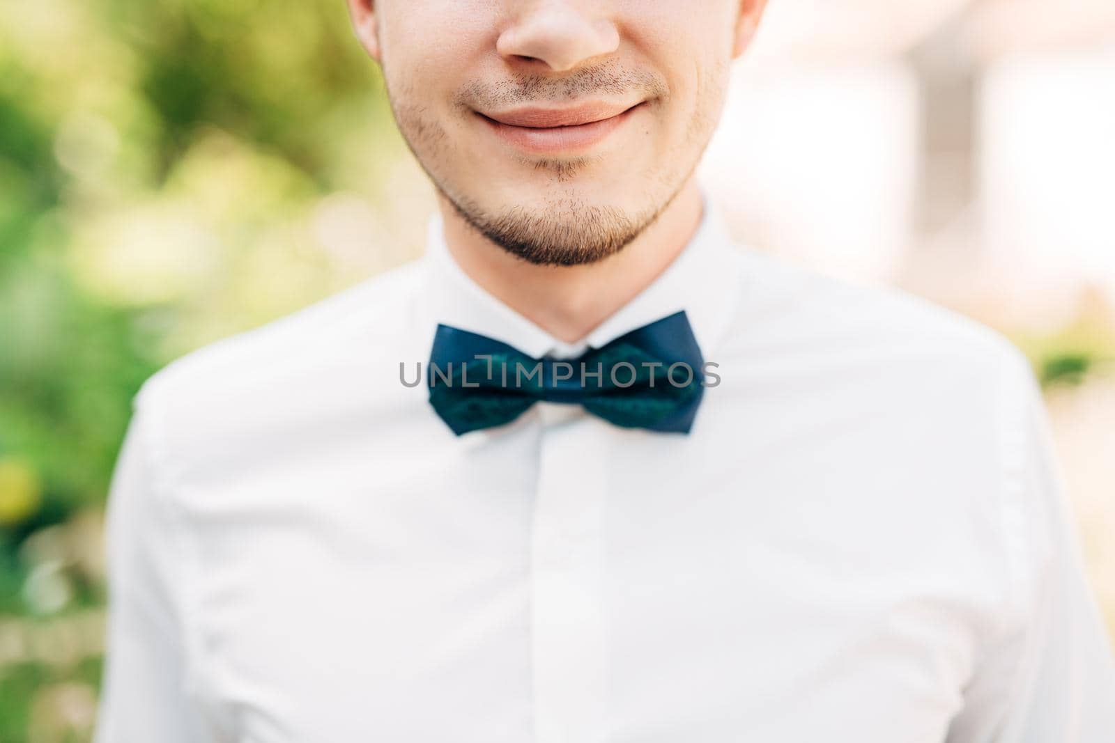 close-up portrait smiling groom with green bow tie. High quality photo
