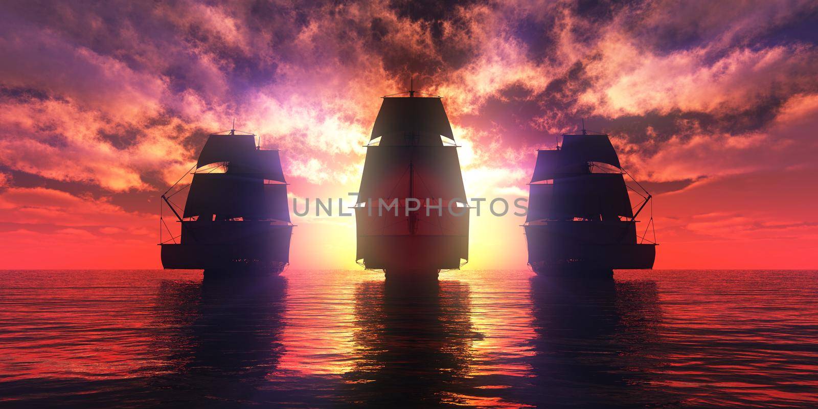 old three ships sunset at sea, 3d rendering by alex_nako