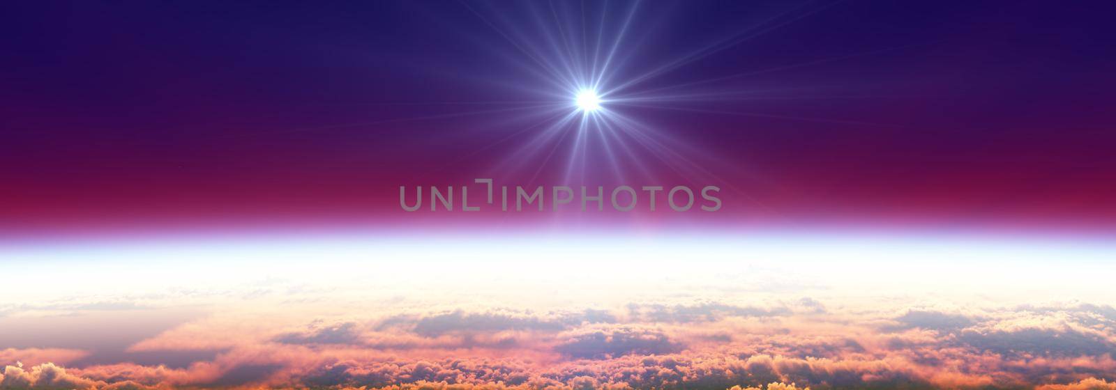 Earth sunrise from space over cloudy ocean. 3d rendering illustration