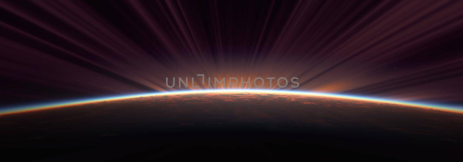 sunrise from space aurora, 3d rendering illustration