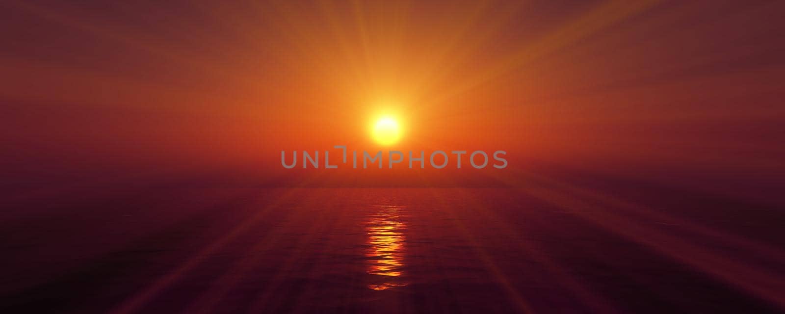 sunset sea sun ray clear sky, 3d rendering illustration