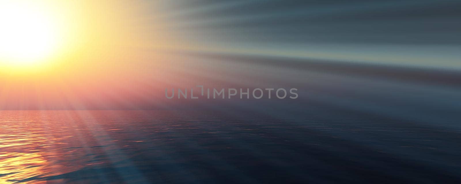 sunset sea sun ray clear sky, 3d rendering illustration