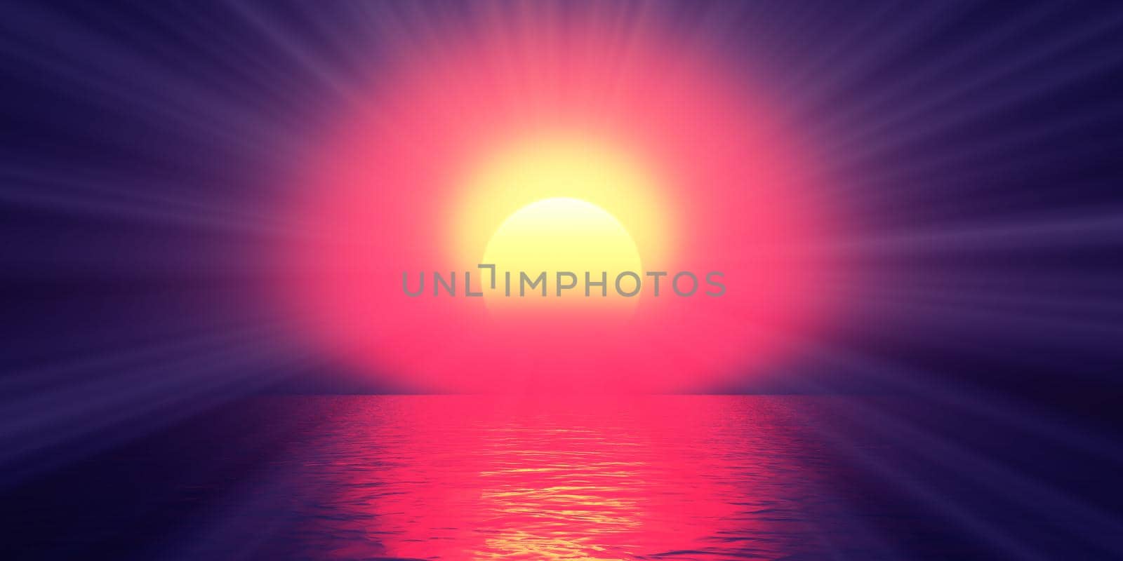 sunset sea sun ray clear sky, 3d rendering illustration